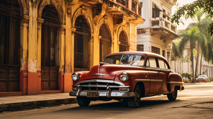 Old american car parked with havana building