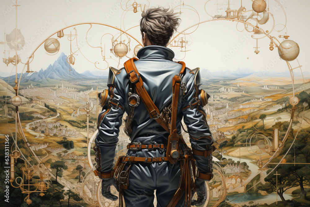 Poster A wide-open landscape with an adventurous figure exploring, symbolizing Sagittarius' love for travel, exploration, and freedom. Generative AI technology...