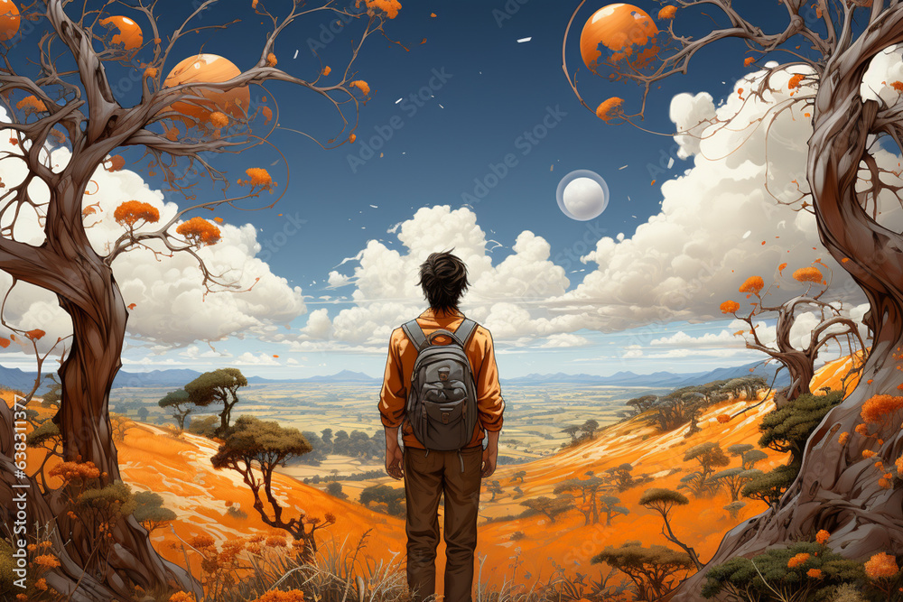 Aufkleber a wide-open landscape with an adventurous figure exploring, symbolizing sagittarius' love for travel