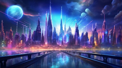 Retro-futuristic cityscape with towering holographic skyscrapers and neon-lit streets | generative AI
