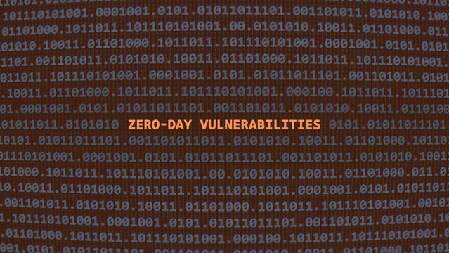 Cyber attack zero-day vulnerabilities. Vulnerability text in binary system ascii art style, code on editor screen. Text in English, English text