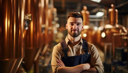 Young man working in modern beer production factory