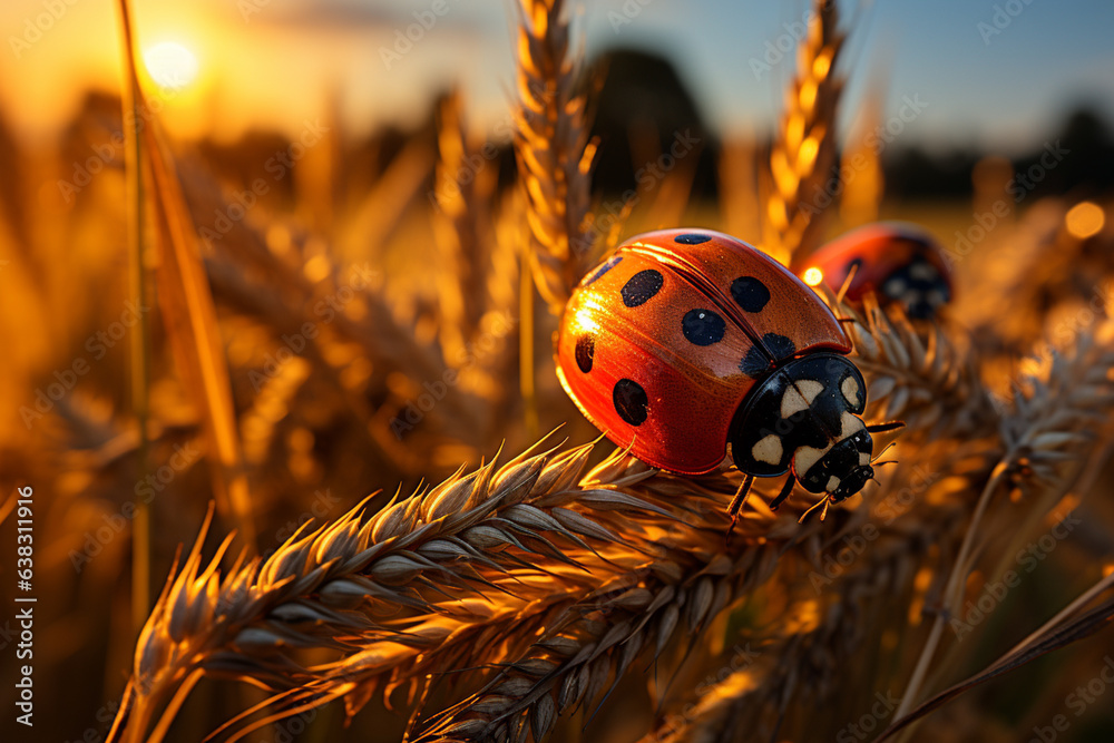 Poster Green spikelets with a ladybug on the background of a field in the rays of the setting sun. Concept of organic farming, agricultural pests Generative AI technology...