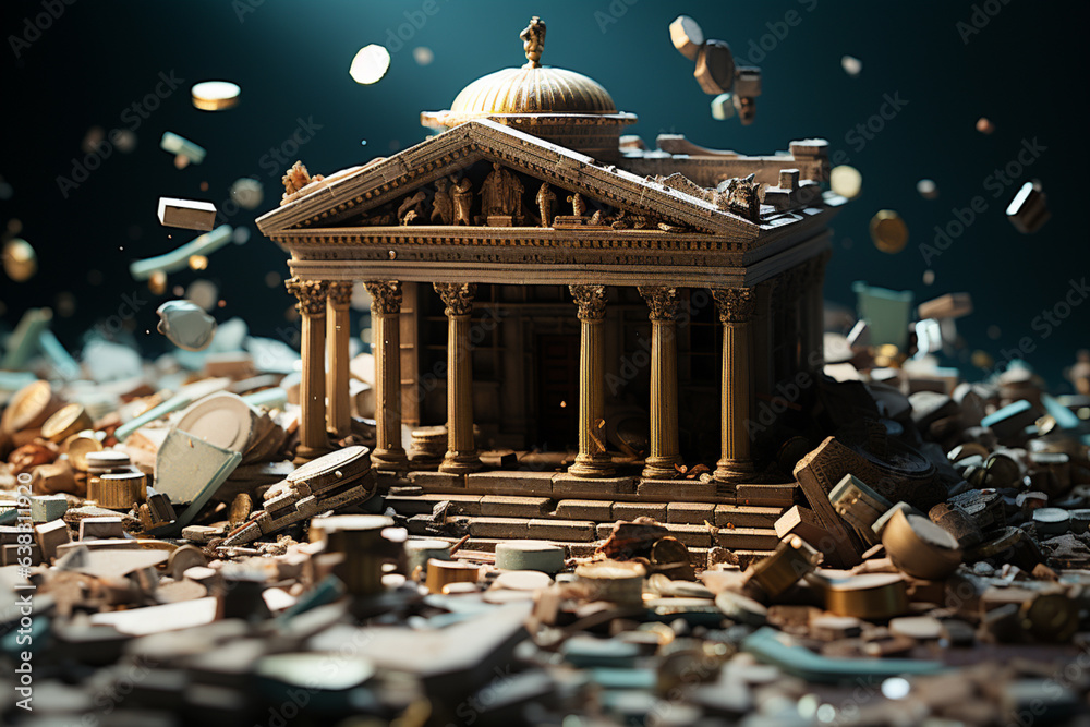 Poster Bank collapse. A bank or financial institution, going down failing or collapsing Generative AI technology...