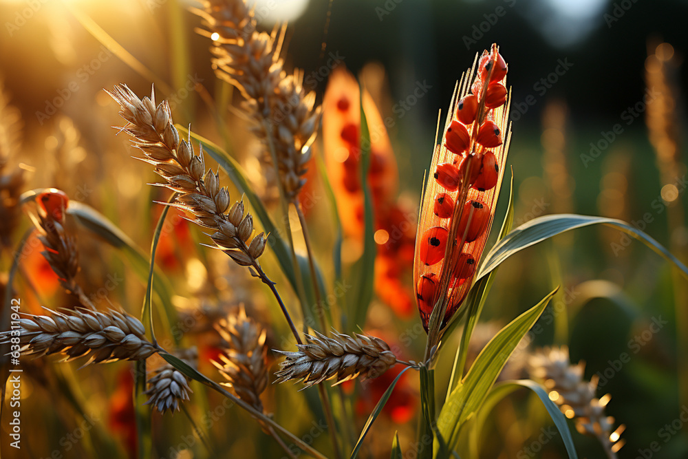 Poster Green spikelets with a ladybug on the background of a field in the rays of the setting sun. Concept of organic farming, agricultural pests Generative AI technology...