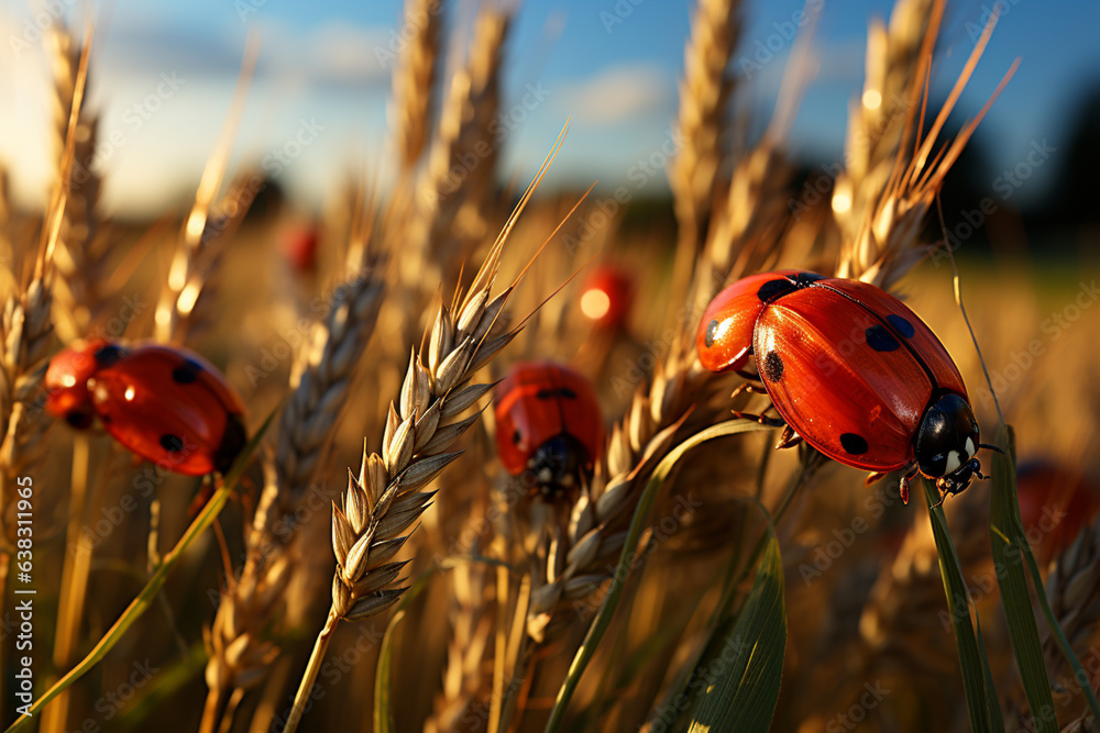 Aufkleber Green spikelets with a ladybug on the background of a field in the rays of the setting sun. Concept of organic farming, agricultural pests Generative AI technology...