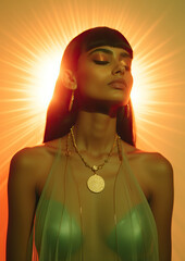 A surreal goddess-like woman wearing a fashionable necklace and earrings stands in front of a futuristic sun-filled wall, evoking a romantic atmosphere in the indoor setting