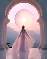 Zelfklevend Fotobehang Surrounded by a surreal, futuristic landscape of sun-kissed stars, a goddess-like woman in a romantic white dress stands as a bride of eternity, exuding beauty and mystery © Glittering Humanity