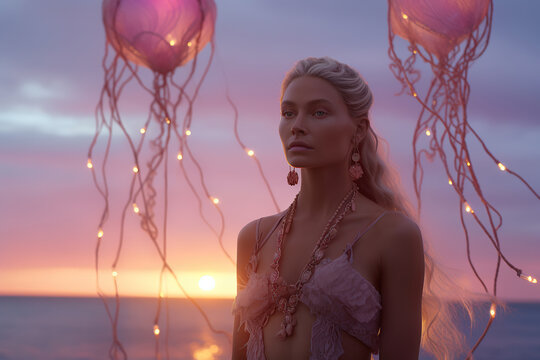 On a distant beach beneath a romantic sunset sky, a surreal goddess stands amidst a futuristic outdoor scene of jellyfish floating from the ceiling, illuminated by the golden rays of the setting sun