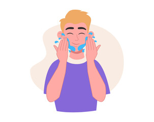 Skin care. Man washes herself with water or rinses off the product. Vector graphic.