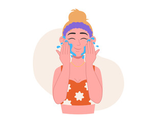 	
Skin care. Woman washes herself with water or rinses off the product. Vector graphic.