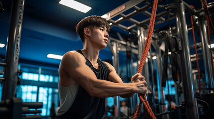 Fototapeta na wymiar Young man using ropes at fitness gym, fitness stock photos