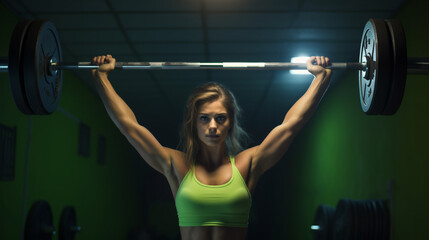 A young woman with a barbell lifting up, fitness stock photos