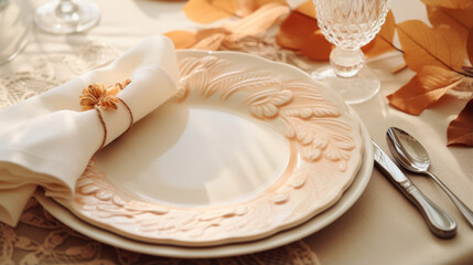 Autumn place setting with fall leaves, napkin and pumpkins. Thanksgiving autumn place setting with cutlery and arrangement of fall leaves. Generative AI.