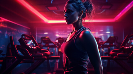 Fototapeta na wymiar Woman exercising in a gym with dark light, fitness stock photos