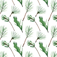 Christmas watercolor horizontal seamless pattern with fir.Winter pattern