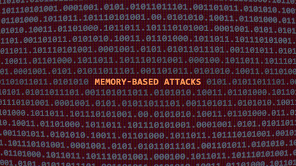 Cyber attack memory-based attacks. Vulnerability text in binary system ascii art style, code on editor screen. Text in English, English text