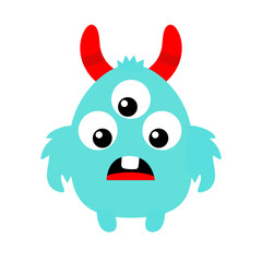 Monster. Happy Halloween. Cute head face with horns, fangs. Blue silhouette monsters. Cartoon kawaii funny boo character. Childish baby collection. T-shirt design. White background. Flat design.