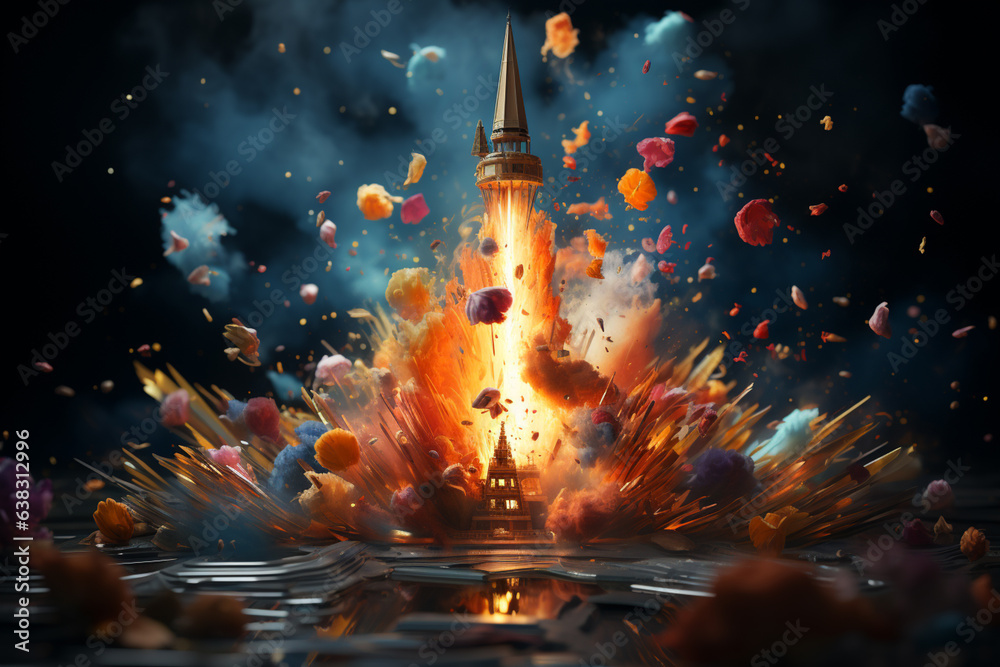 Aufkleber Beautiful abstract illustrations on a bokeh background, a toy rocket launches from the books and begins to spew smoke. Symbol of the thirst for knowledge and education.  Generative AI technology...