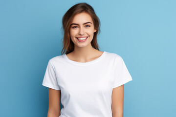 Fototapeta premium Young smiling caucasian woman wearing blank white t-shirt isolated on a blue background. AI