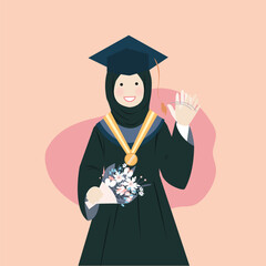 Cute Woman wearing Graduation Gown Robe and academic cap with medal and certificate smiling and waving hand