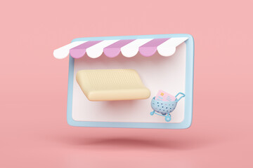 3d online shopping with tablet computer, store front, credit card shopping carts or basket, latex pillow isolated on pink background.  3d illustration render