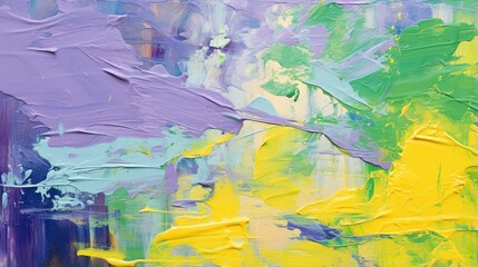 Naklejka premium Abstract oil painting on canvas. Paint spots. Strokes of paint shades of purple, green, yellow created with Generative AI technology.