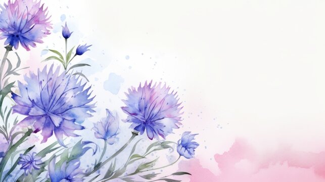 Blue watercolour cornflower knapweed centaurea flower banner with copy space. Floral blossom concept