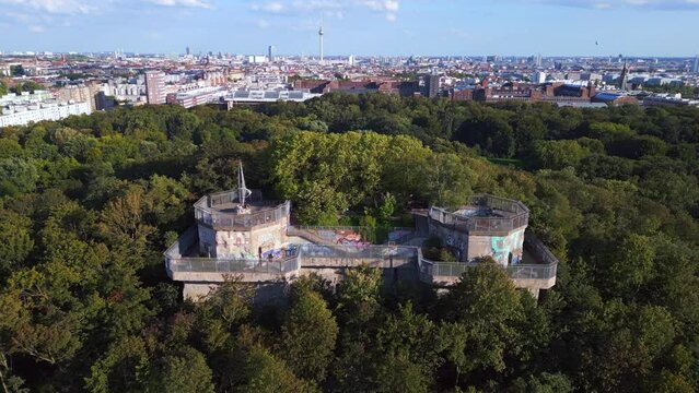 Nice aerial top view flight. Flak tower Humboldthain Bunker World War 2, Berlin mitte summer 2023. drone top down Above view
4k cinematic