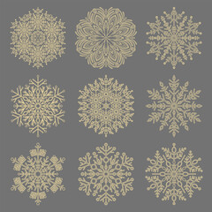 Set of vector snowflakes. Collection of winter gray and golden ornaments. Snowflakes collection. Snowflakes for backgrounds and designs - 638314794