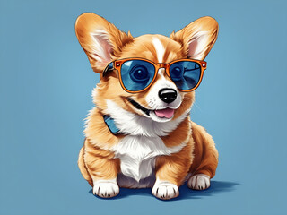 Charming portrait of amazing and happy welsh corgi puppy posing and looking at camera, wearing sunglasses