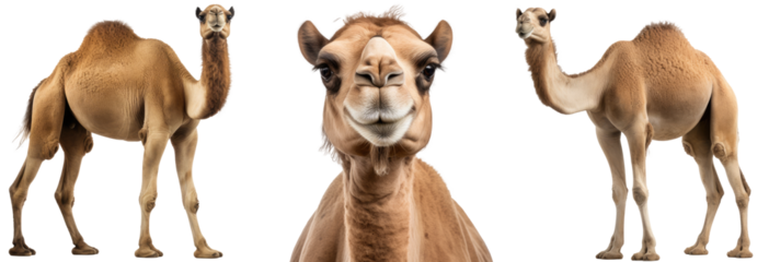 Collection of three dromedary camels (portrait, standing), animal bundle isolated on a white background as transparent PNG