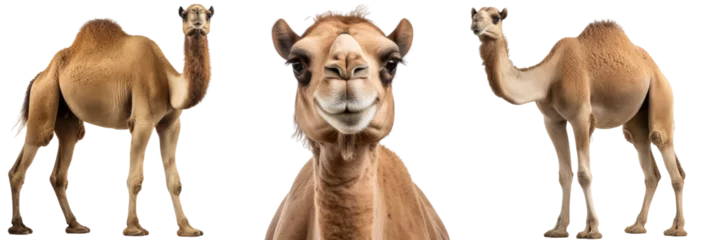 Selbstklebende Fototapeten Collection of three dromedary camels (portrait, standing), animal bundle isolated on a white background as transparent PNG © Flowal93