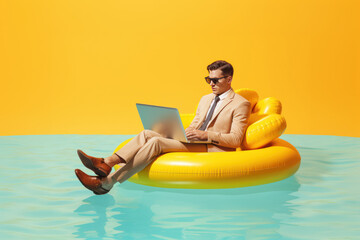 A man on an inflatable circle with a laptop in the swimming pool. The concept of remote work. Work outside concept.
