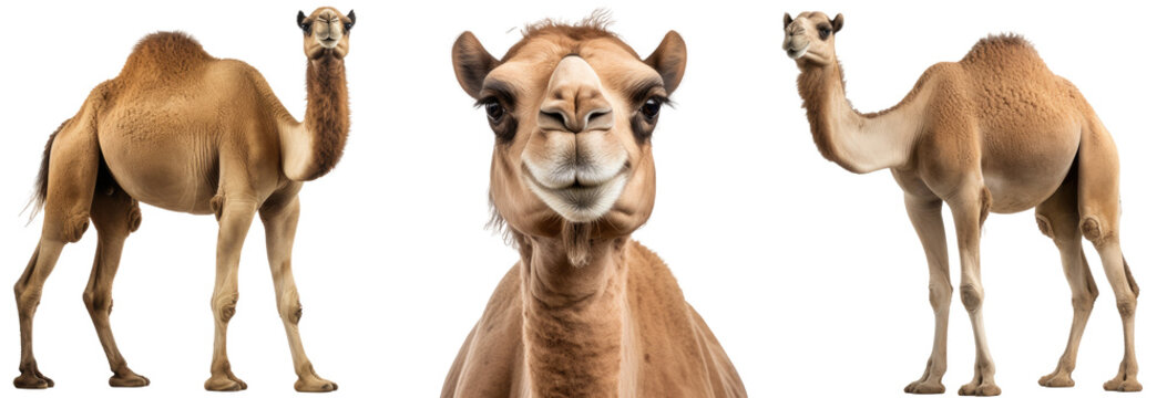 Collection of three dromedary camels (portrait, standing), animal bundle isolated on a white background as transparent PNG