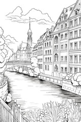 France Strasbourg cityscape black and white coloring page for adults. Alsace buildings, canal, street, landmarks vector outline doodle sketch for anti stress color book - obrazy, fototapety, plakaty