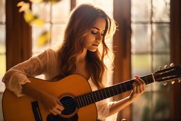 Beautiful woman singing the acoustic song and playing the guitar.