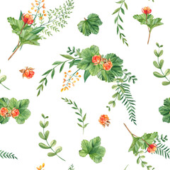 Seamless watercolor pattern with cloudberry leaves and berries, fern, green branches, yellow wildflowers. Botanical summer hand drawn illustration. Can be used for gift wrapping paper, kitchen textile