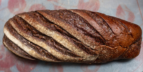 Sliced loaf of rye bread. Shooting from above in daylight