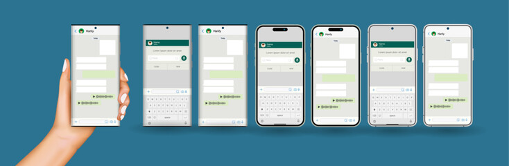 Hand holds the smartphone with messenger application. Mobile phone in man&rsquo;s hand. Flat vector modern phone mock-up illustration.