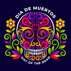 Dia de los Muertos skull round badge, or sticker with floral mexican decorative illustration