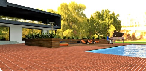 A relaxation area by the pool on the grounds of a suburban estate. Enchanting piano music playing. A wonderful sunny autumn day. 3D rendering.