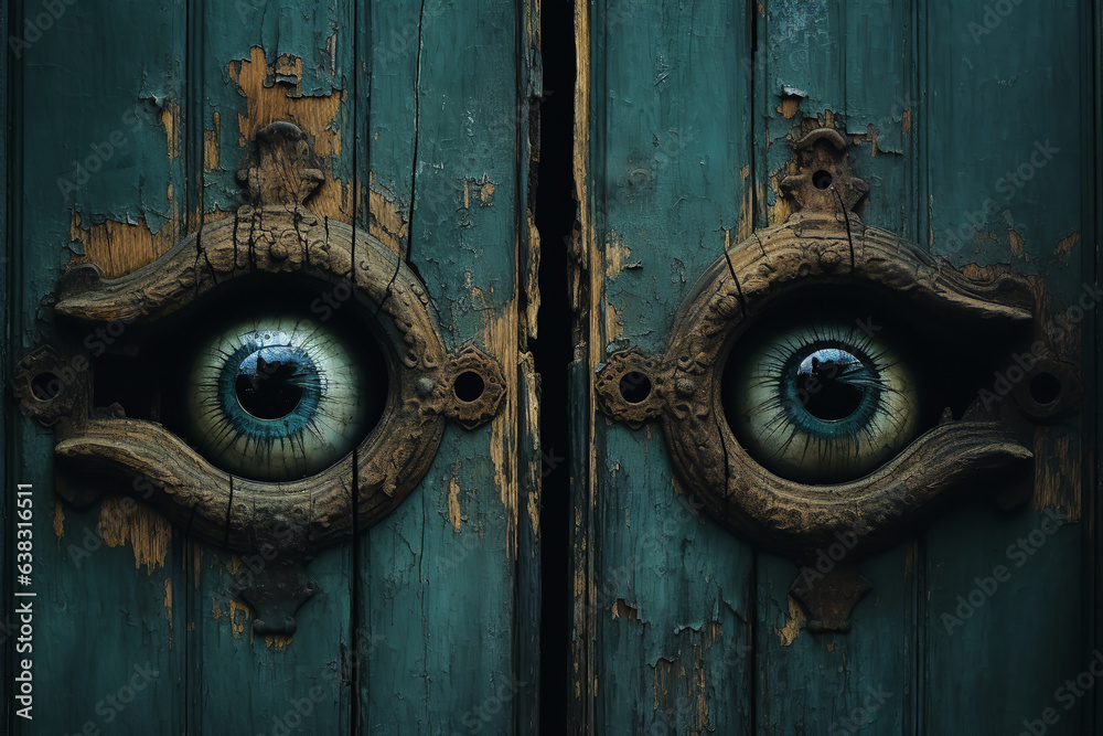 Poster Curious eyes seek the hidden, peering through the keyhole of a time-worn door, ever in search of the concealed truths