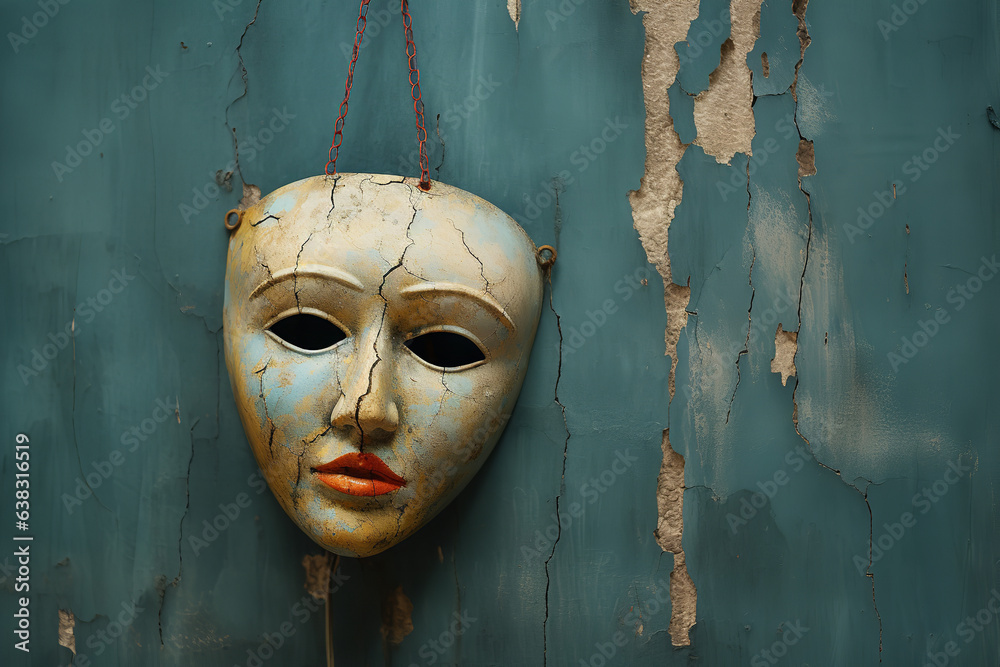 Sticker A mask, symbolizing hidden emotions and secrets, hangs on a wall, with a singular tear signifying pain held within