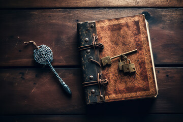  A private diary, guarded by an old lock, sits on a wooden table, a keeper of personal tales and secrets - obrazy, fototapety, plakaty