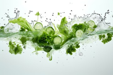 Fresh green vegetables in water splash on white background. Healthy Food and drink concept. Generative AI illustration.