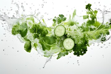 Obraz premium Fresh green vegetables in water splash on white background. Healthy Food and drink concept. Generative AI illustration.