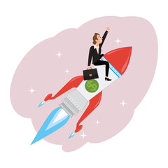 Businesswoman people fly on rocket, illustration vector cartoon flat