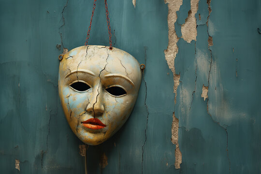 A mask, symbolizing hidden emotions and secrets, hangs on a wall, with a singular tear signifying pain held within