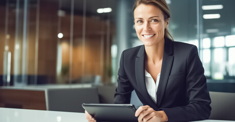 Attractive businesswoman using a digital tablet while sitting at office. Business, education,...